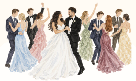 Watercolour of guests in formal wear dancing