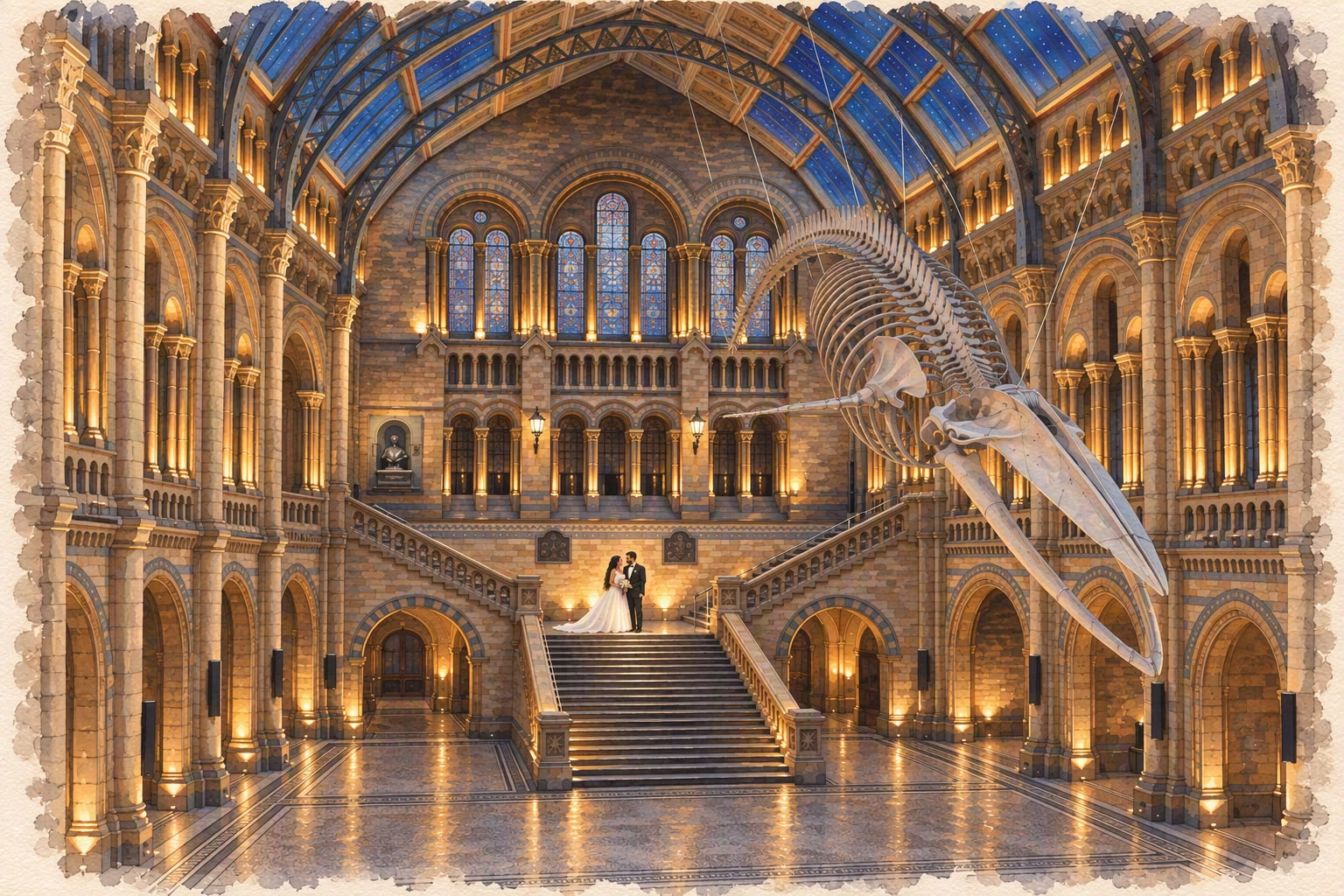 Watercolour of the couple in Hintze Hall